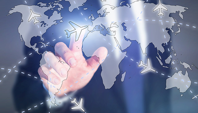 Global connectivity and air travel concept with digital world map and airplanes.