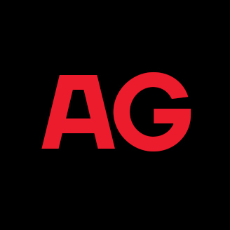 "Red 'AG' logo on a black background, representing technological advancement and superior education."