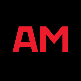Advanced tech university logo with bold red 'AM' on a black background.