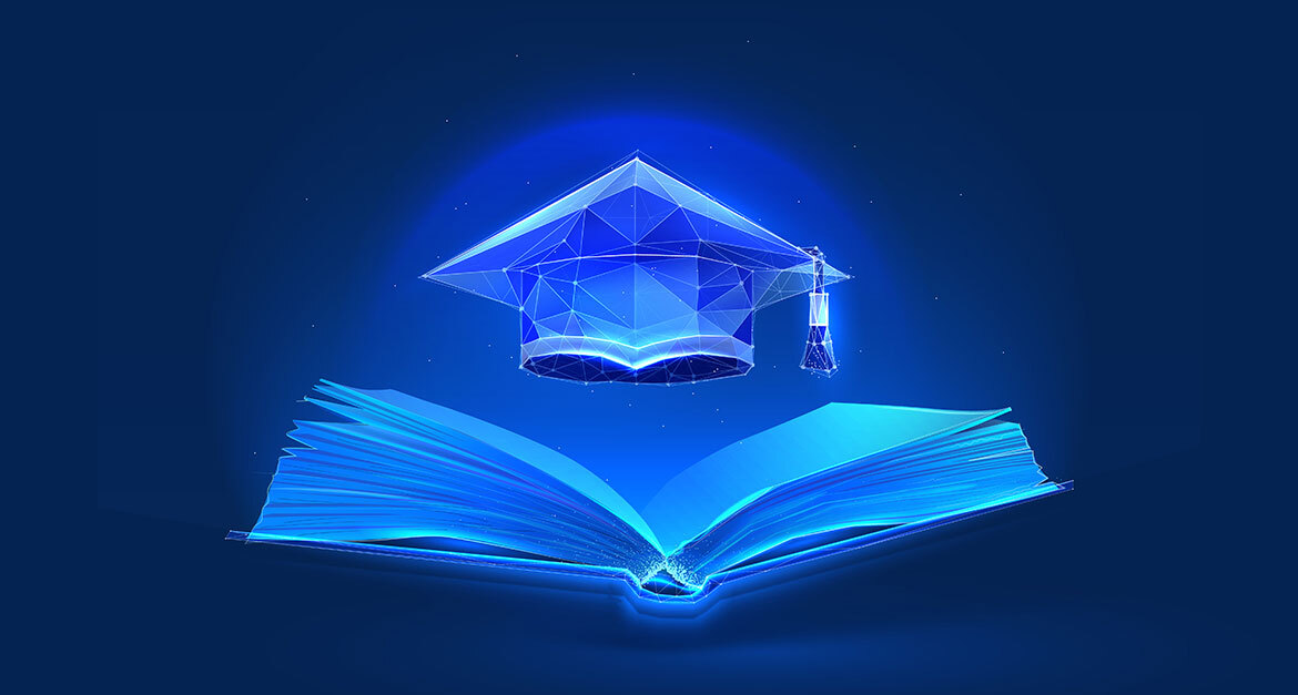 Advanced learning illuminated by technology, symbolized by a glowing book with a digital graduation cap.