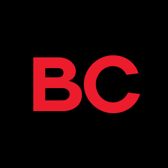 University logo with bold red letters 'B' and 'C' on a black background.