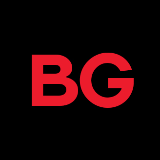 Red initials "BG" boldly displayed on a stark black background.