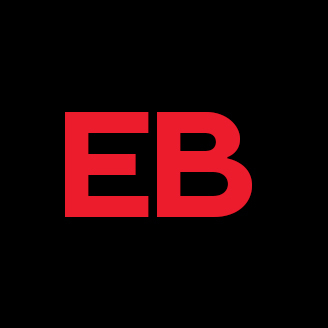 Bold red "EB" initials against a black background, possibly a logo or monogram.