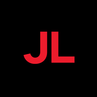Logo avec les lettres "JL" en rouge et blanc sur fond noir, design épuré et moderne.