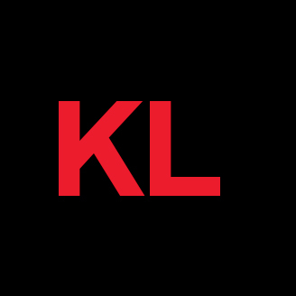 Logo KL en rouge sur fond noir, style moderne et épuré.