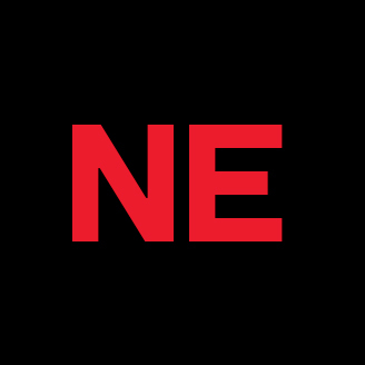 Logo rouge sur fond noir, initiales "NE" en caractères gras, design moderne et épuré.