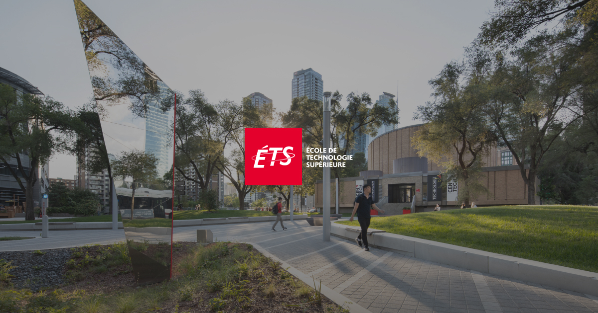 ETS campus with modern architecture, vibrant student life, and urban green space.