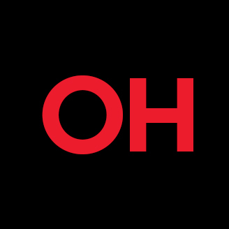 Red "OH" on a black background, a bold and minimalist design.