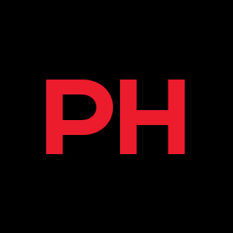 Logo PH en rouge sur fond noir, représentant initiales ou marque. Simple et moderne.