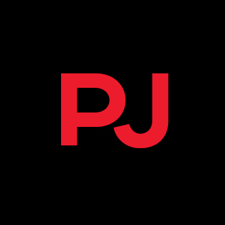 "Logo with the letters P and J in red on a black background, representing a tech university."