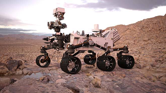 Robot mobile d'exploration sur terrain rocailleux.