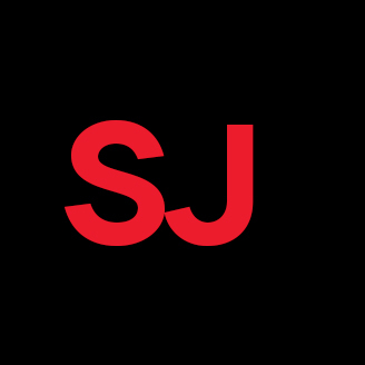 Logo rouge "SJ" sur fond noir, stylisé et moderne.