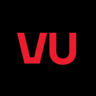 A bold red 'V' merges with a black 'U' against a black background, symbolizing a tech-savvy university.