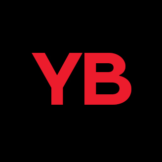 Logo rouge "YB" sur fond noir, stylisé pour une impression dynamique et moderne.
