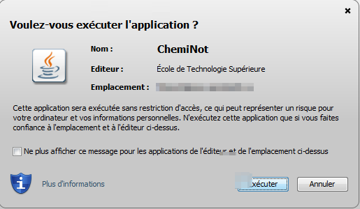 Application "ChemiNot" de l'École de Technologie Supérieure à exécuter ou annuler.