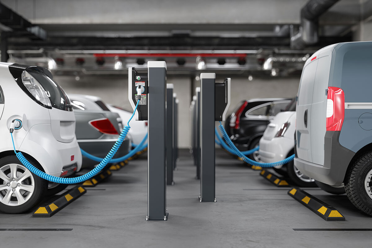 Indoor electric vehicle charging station.