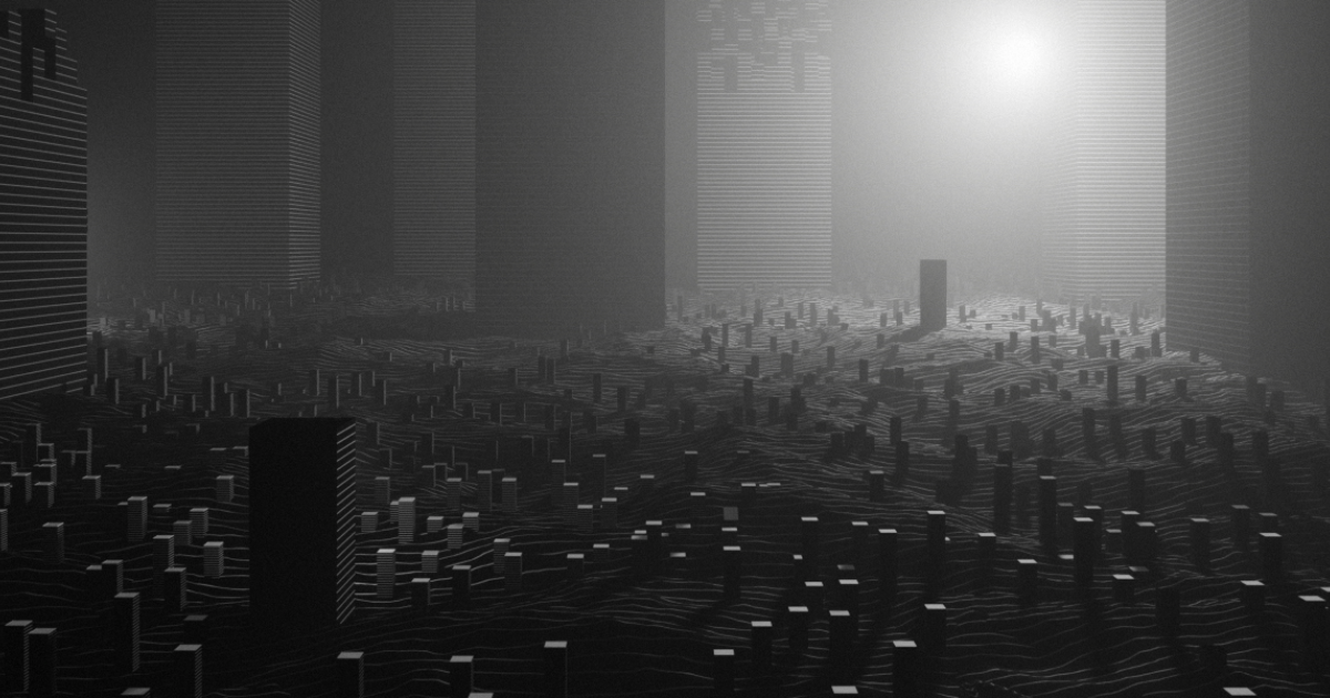 Futuristic cityscape with mist and glowing sun, evoking advanced tech themes.