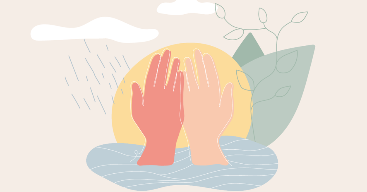 Stylized graphic of hands over water and plant elements with a sun, expressing care for nature.