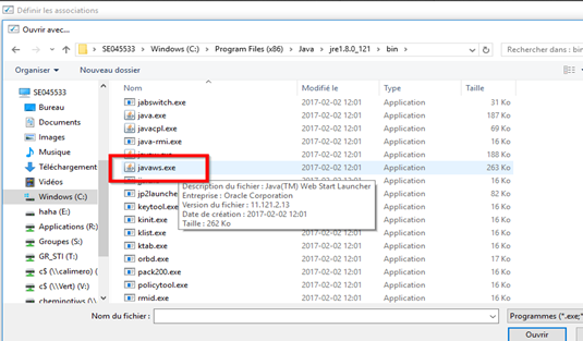 Explorateur Windows ouvert sur le dossier bin de Java, fichier "javaws.exe" sélectionné.
