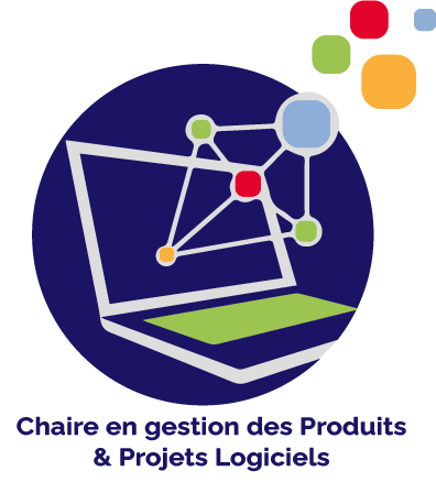 Chaire en gestion de Produits & Projets Logiciels avec un graphique stylisé et ordinateur.