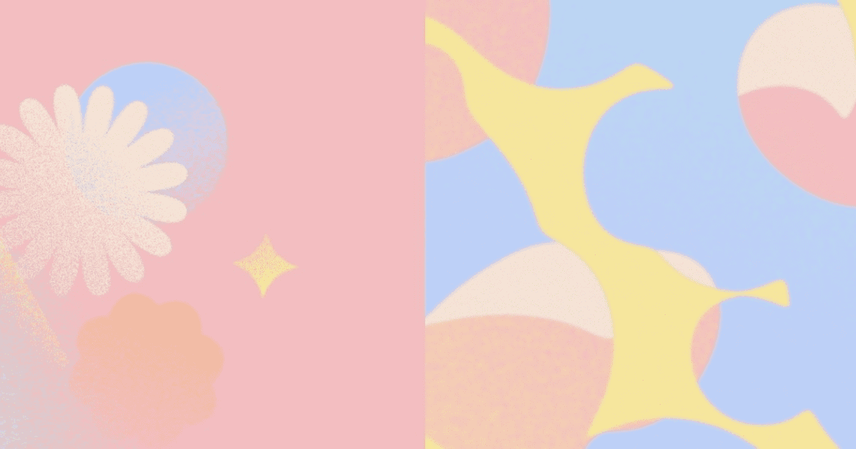 Pastel-colored abstract design with floral and geometric elements.