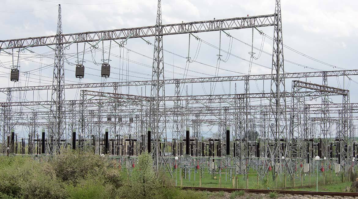 Electrical engineering marvel showcasing a vast network of power lines and transformers.