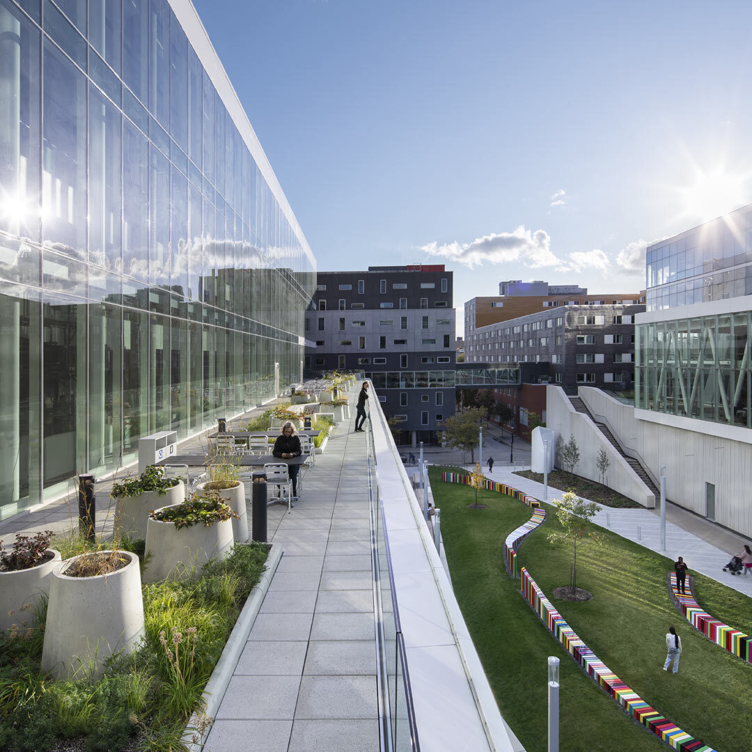 Un campus moderne avec espaces verts et architecture contemporaine.