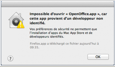 Alerte sécurité Mac : application OpenOffice non reconnue, blocage par paramètres de sécurité.