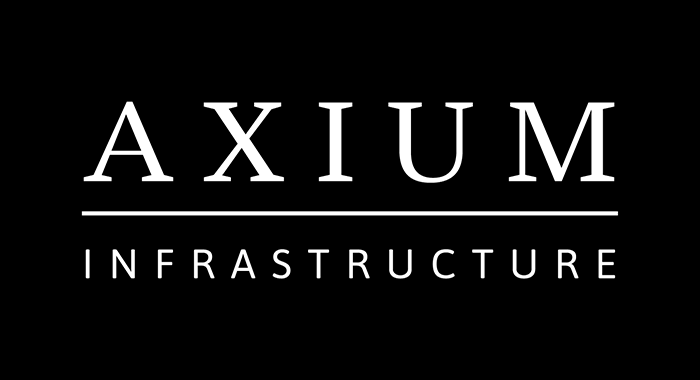 Logo d'AXIUM INFRASTRUCTURE en lettres blanches sur fond noir.