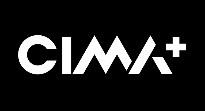 Logo CIMA+ avec design géométrique blanc sur fond noir.