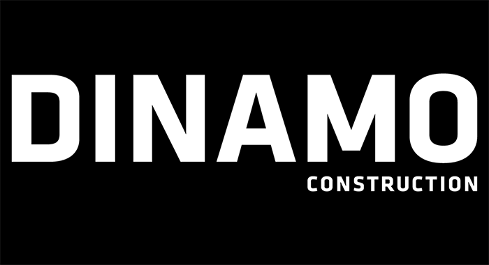 Logo de "DINAMO CONSTRUCTION" en blanc sur fond noir.