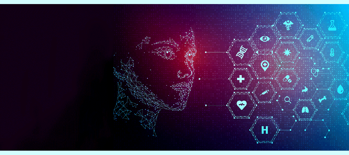 Visage numérique entouré d'icônes scientifiques et technologiques.