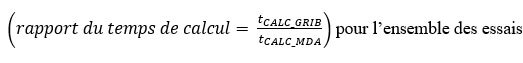 Formule de ratio de temps de calcul pour essais, avec variables t_CALC_GRIB et t_CALC_MDA.