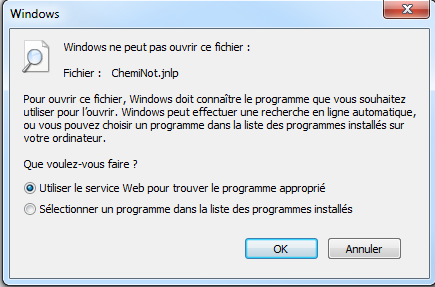Erreur Windows: impossible d'ouvrir un fichier. Options pour chercher ou sélectionner un programme.